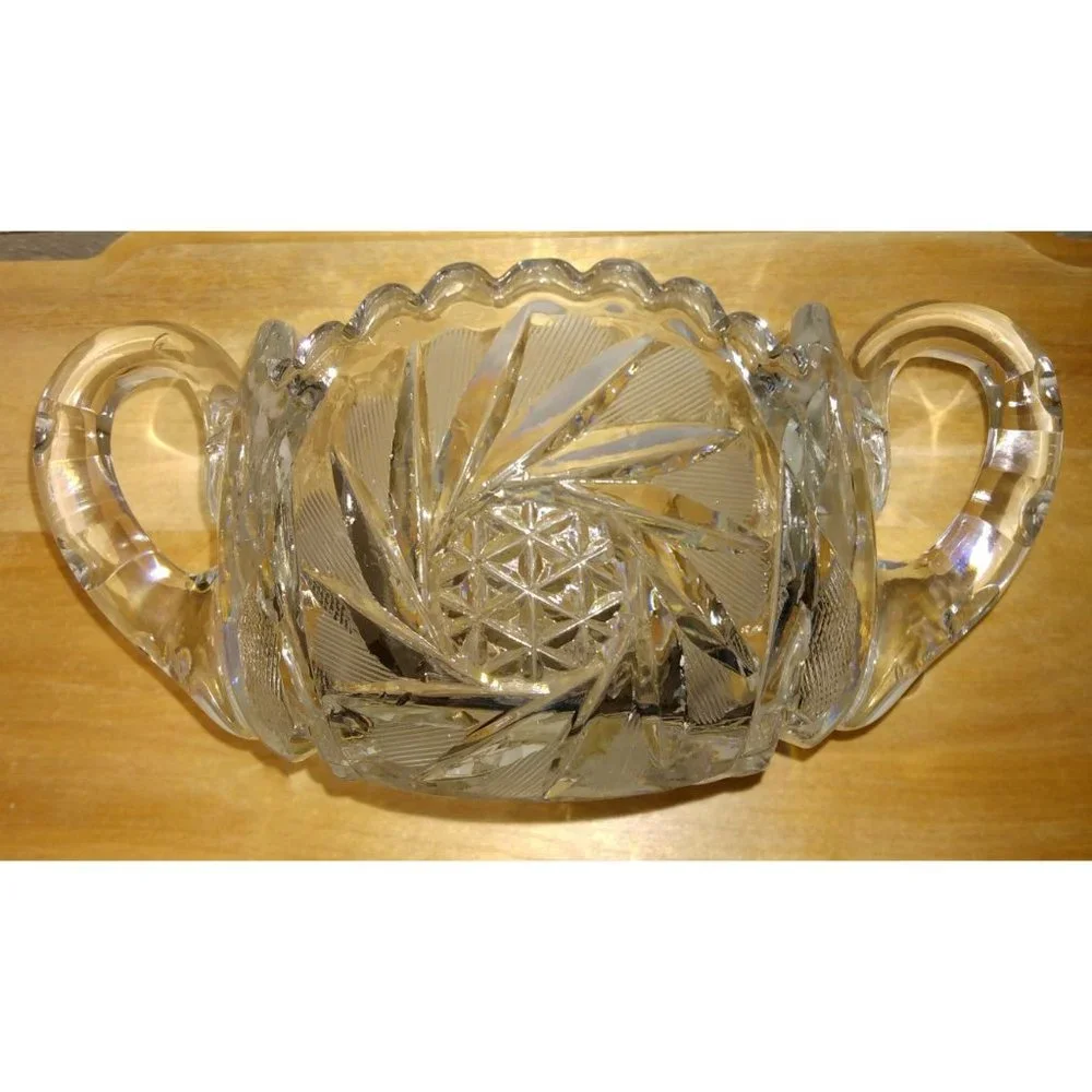 Antique American Brilliant Cut Crystal Hobstar Double Handled Sugar Bowl